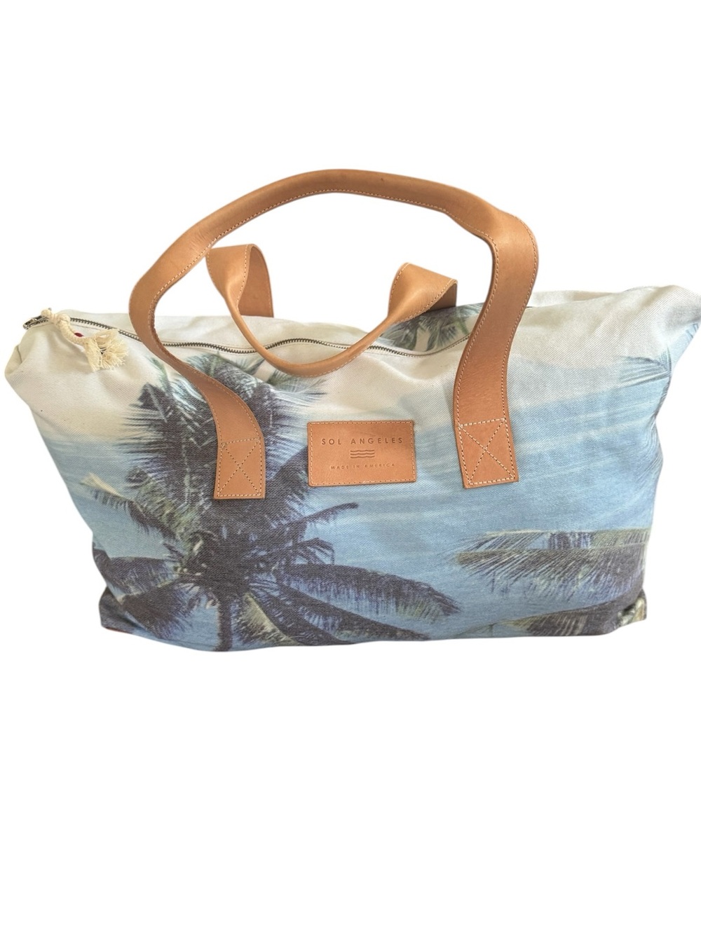 Sol Angeles Blue Palm-Print Canvas and leather zippered tote